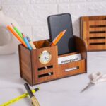 Deskart Pen Holder for Table Stylish | Wooden Pen Stand With Clock, Mobile and Visiting Card Holder for Office Desk and Study Table | Multipurpose Desk Organizer Aesthetic Accessories - Image 3