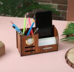 Deskart Pen Holder for Table Stylish | Wooden Pen Stand With Clock, Mobile and Visiting Card Holder for Office Desk and Study Table | Multipurpose Desk Organizer Aesthetic Accessories - Image 4