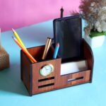 Deskart Pen Holder for Table Stylish | Wooden Pen Stand With Clock, Mobile and Visiting Card Holder for Office Desk and Study Table | Multipurpose Desk Organizer Aesthetic Accessories - Image 5