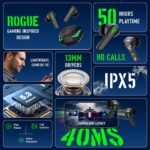 pTron Bassbuds Rogue W/ 40Ms Low-Latency Gaming,Clear Calls,50Hrs Playtime,Pristine Sound,V5.3 Bluetooth in Ear Headphones,Snug-Fit,RGB Lights,Touch Control,Voice Assist,IPX5 Water Resistant(Black) - Image 3