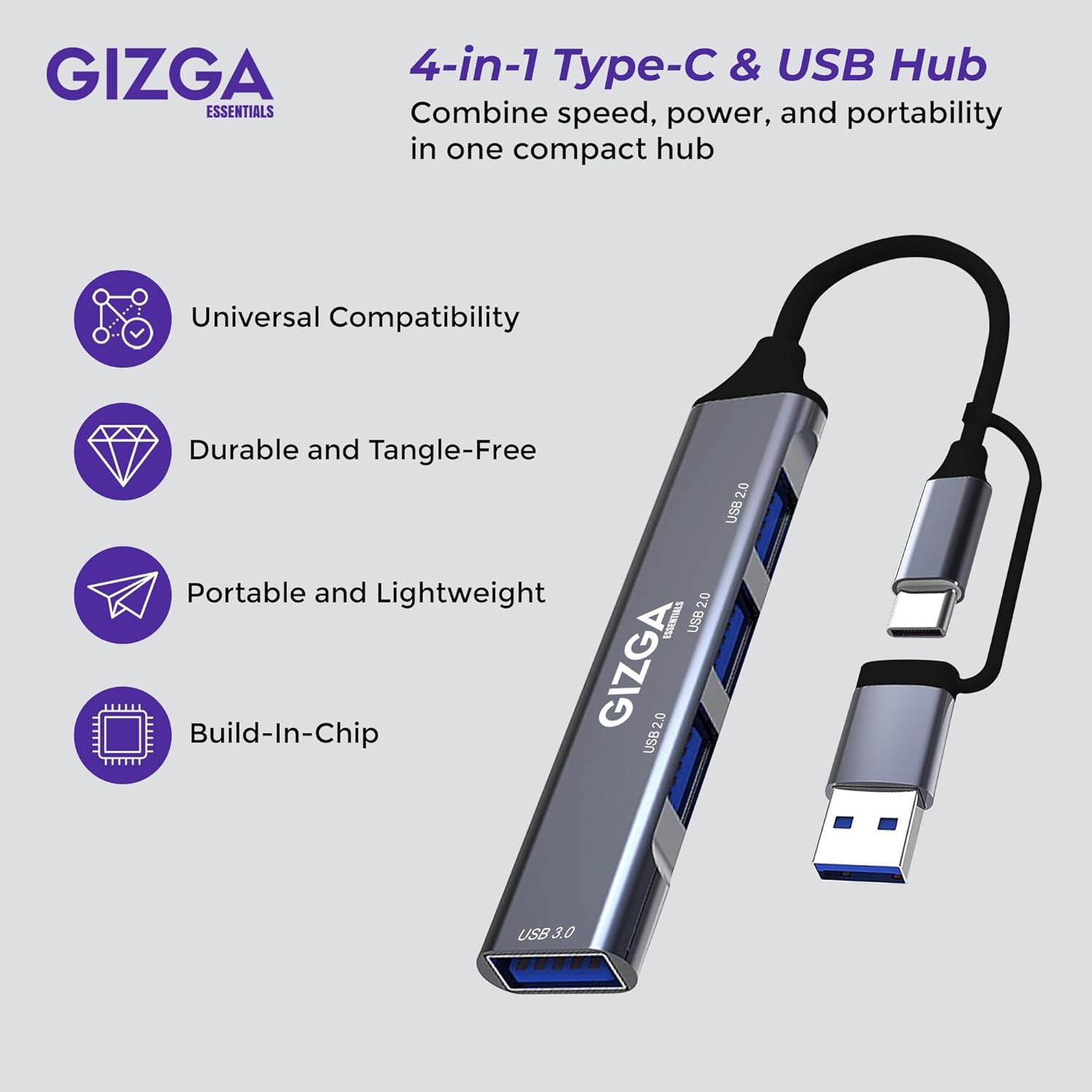 Gizga Essentials 4-in-1 USB C & USB A HUB with USB 3.0 5Gbps High-Speed Port & Dual USB 2.0, Multiport USB Adapter with Smart Chip, Plug & Play, Aluminum Build| Universal for Laptop MacBook Tablet - Image 3