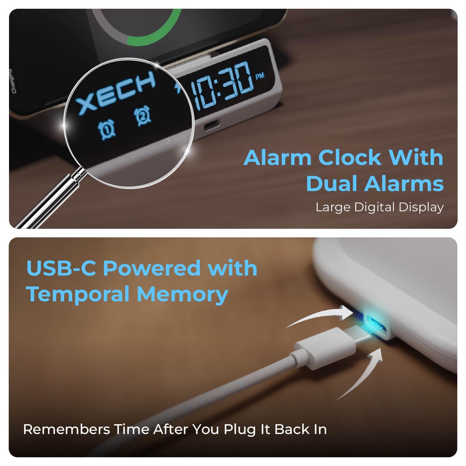 Xech Digital Alarm Clock for Heavy Sleepers | Lamp with 15W Fast Wireless Charger & Dual USB-C Output Ports | Type-C Wired Input | Valentine Gift for Husband Men Boys | Made in India (Quest Ultra) - Image 3