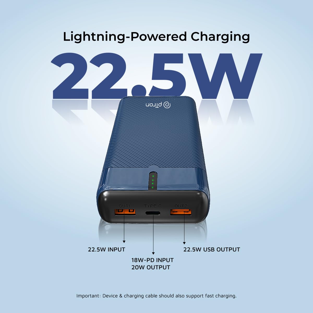 pTron Dynamo Surge 20000mAh 22.5W Fast Charging Power Bank, Supports VOOC/Wrap/Dash USB Charging, 20W PD Fast Charging, 3 Outputs, 1 Input & Multiple Layers of Protection,USB Type-C Input (Blue) - Image 3