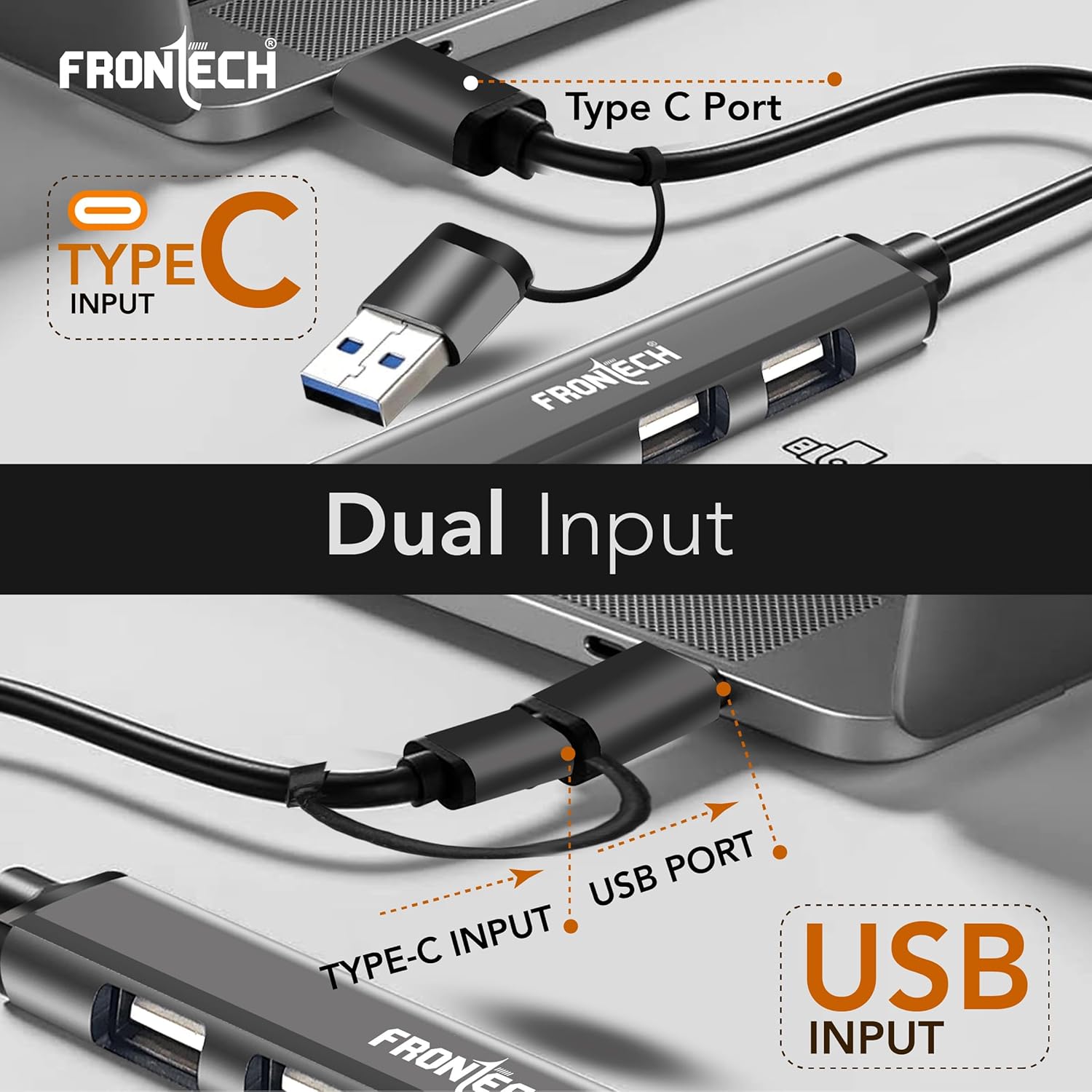 Frontech 7-in-1 USB Hub | USB 3.0 High-Speed 5Gbps + 6× USB 2.0 Ports | Dual Input (USB + Type-C) | Metal Matte Finish | Wide Compatibility for Laptop, PC, Mac, Android, Tablet, Camera & More(NC-0043) - Image 4