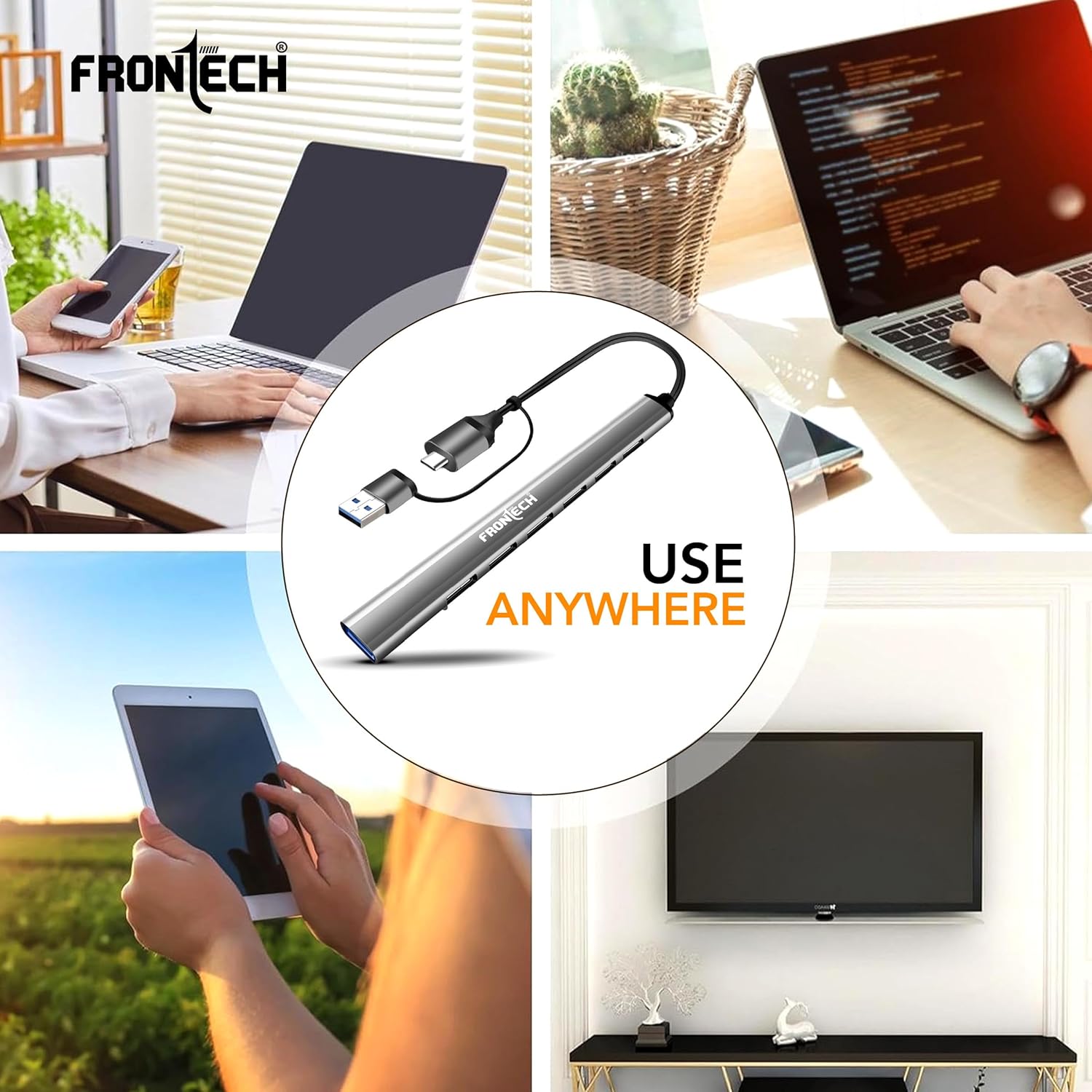 Frontech 7-in-1 USB Hub | USB 3.0 High-Speed 5Gbps + 6× USB 2.0 Ports | Dual Input (USB + Type-C) | Metal Matte Finish | Wide Compatibility for Laptop, PC, Mac, Android, Tablet, Camera & More(NC-0043) - Image 5