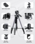 Camera Tripod 74"/188cm, Professional Aluminum Heavy Duty Tripod Stand, Compact Tripod with Carry Bag, 360 Degree Head Light Gray - Image 3