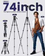 Camera Tripod 74"/188cm, Professional Aluminum Heavy Duty Tripod Stand, Compact Tripod with Carry Bag, 360 Degree Head Light Gray - Image 4