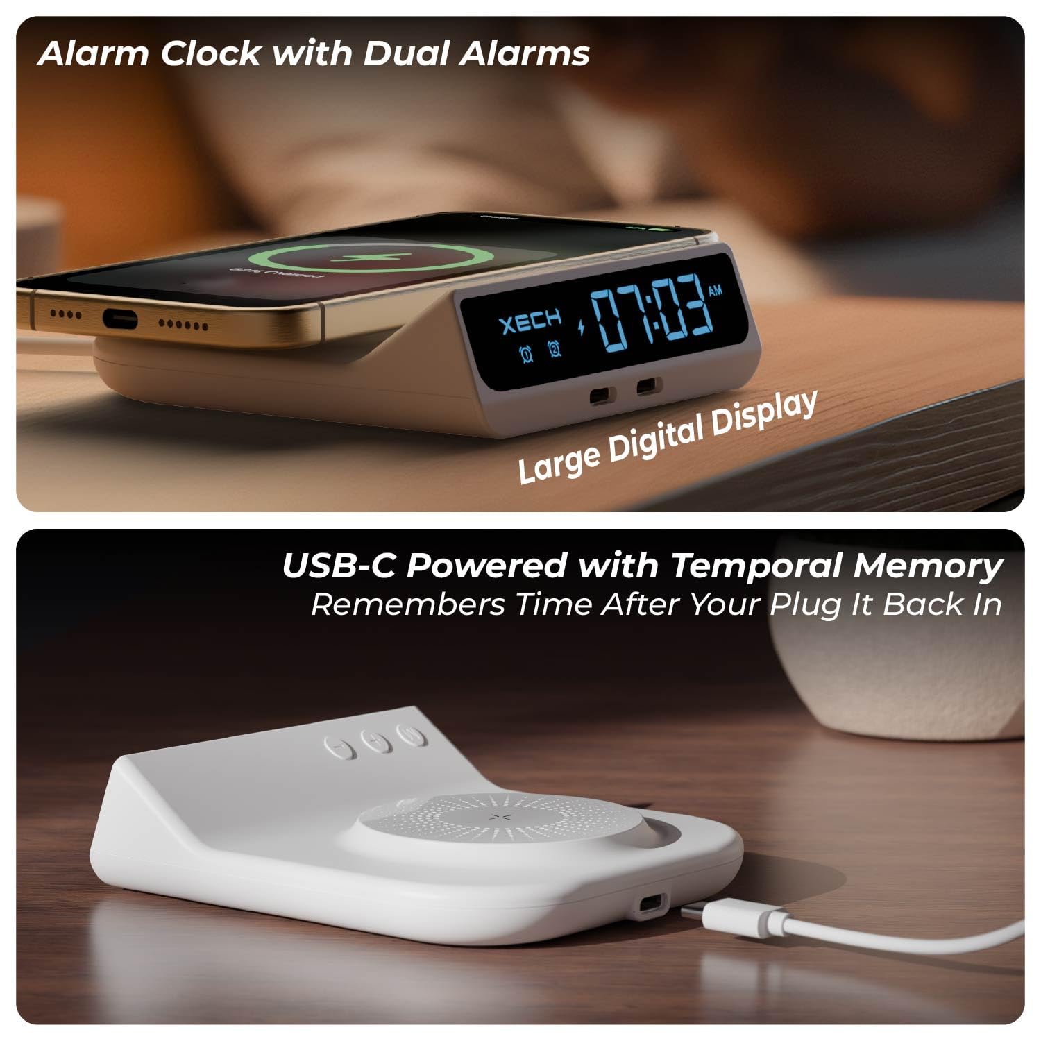 Xech Digital Alarm Clock for Heavy Sleepers | 15W Fast Wireless Charger & Dual USB-C Ports | Type-C Input | Valentine Gift for Girlfriend, Husband, Wife, Boyfriend | Made in India (White, Quest Neo) - Image 3