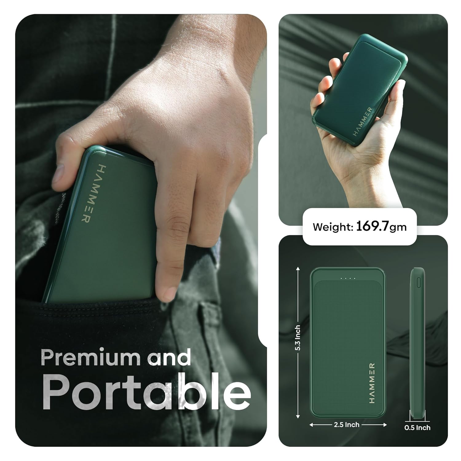 Hammer Ultra Charge 10000mAh 22.5W Power Bank 20W PD Fast Charging, 3 Output, 2 Input Ports Type-C/PD, Micro USB and Multiple Layers of Protection (Green) - Image 3