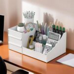Kuber Industries Plastic 8 Compartments Professional Stationary Oragnizers for Desk & Pen Holder for Study Table | Pencil Box with Drawers for Students | White - Image 3