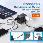 Ceptics 7 in 1 Universal Travel Adapter with 100W Retractable USB-C Cable, Universal and Japan Socket Input, 2 Type A & C Ports, for Laptop/MacBook – Global Compatibility, 5-Year Warranty, Black - Image 4