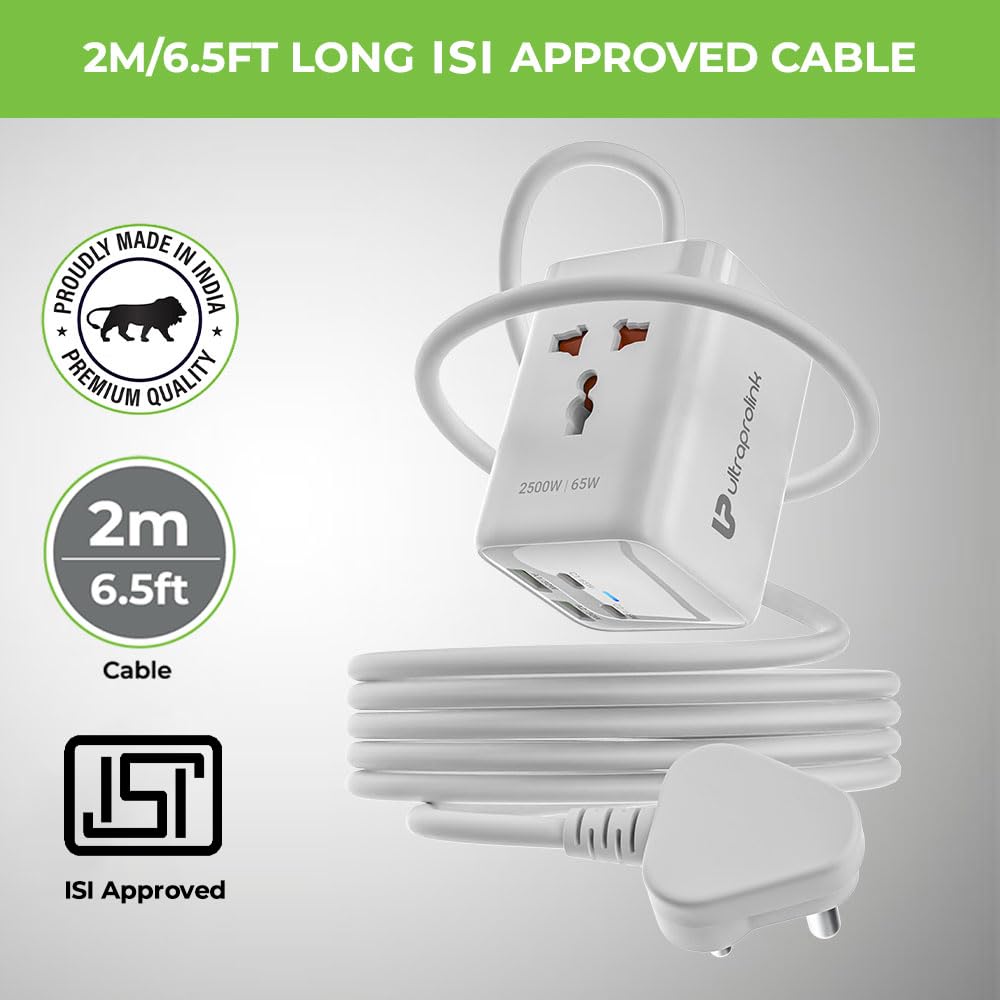 UltraProlink 6 in1 Power Hub Surge Protector | 65W Fast Charging |6 Ports-2 Type-C (PD),2 USB-A & 2AC Sockets (2500W) | for Laptop, iPhone, Android, | Charges iPhone 50% in 30 mins - Image 3