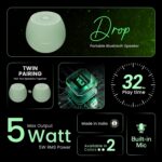 HAMMER Drop 5W Bluetooth Wireless Speaker with Twin Pairing, 1200 mAh Battery, 100H Standby Time, TWS Function, TF Card, USB Slot, Auto-Pairing, in-Built Mic, Type-C Charging, 52mm Driver (Green) - Image 3