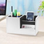 CLADD INTERNATIONAL Vegan Leather Compact Office Desk Organizer Multifunctional Storage with 3 Compartment | Stationery Supplies | Business Card | Remote | Makeup Accessories | Mobile | White - Image 2