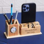 Deskart Customizable Wooden Pen Holder with Clock, Calendar, Business Visiting Card and Mobile Stand with Name Engraving | Personalized Stationary Organizer for Office Desk and Study Table - Image 2
