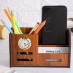 Deskart Pen Holder for Table Stylish | Wooden Pen Stand With Clock, Mobile and Visiting Card Holder for Office Desk and Study Table | Multipurpose Desk Organizer Aesthetic Accessories - Image 2