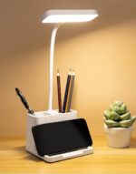 FLYNGO Plastic 3 Color Mode Led Study Table Desk Lamp For Students With Pen & Phone Holder, Rechargeable Touch On/Off Studying (204White) - Image 2
