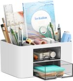 Recluse White Desk Organiser, Table Organiser, Desk Organiser with 5 Compartments and 2 Small Drawers Organizer for Home or School, Office Organiser, Small Items Such as Stationery and Remote Control - Image 2