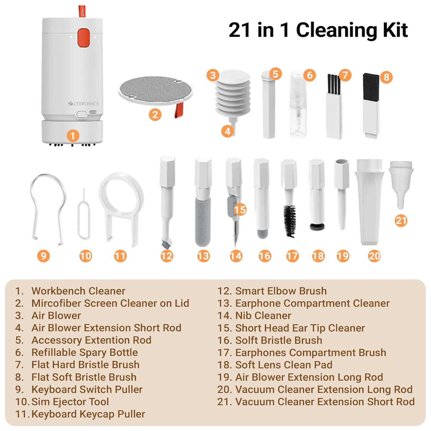 ZEBRONICS CK500 21-in-1 Multipurpose Cleaner kit, Vacuum Cleaner, for Smartphones, Tablets, Cameras, Laptops, Keyboards, Earphones, Refillable Spray Bottle, Type-C Charging (Black) - Image 3