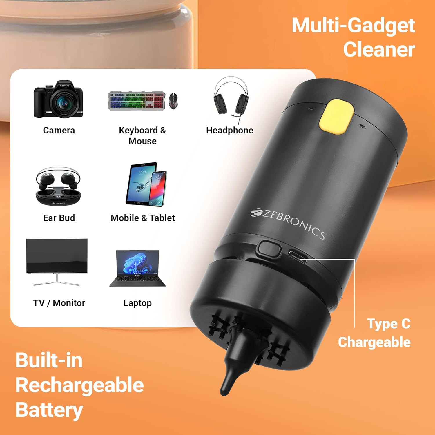 ZEBRONICS CK500 21-in-1 Multipurpose Cleaner kit, Vacuum Cleaner, for Smartphones, Tablets, Cameras, Laptops, Keyboards, Earphones, Refillable Spray Bottle, Type-C Charging (Black) - Image 7