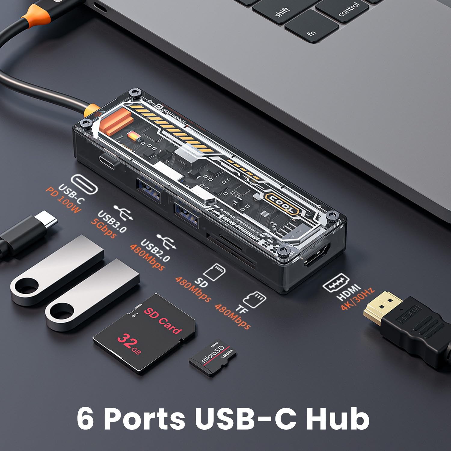 Portronics MPort View Two 6-in-1 USB Type-C Hub Dock,100 W Type-C PD&Data, USB 3.0 SuperSpeed, USB 2.0,SD and Micro SD, 4K HDMI,Transparent Case for Laptop, PC & More(Black) - Image 3