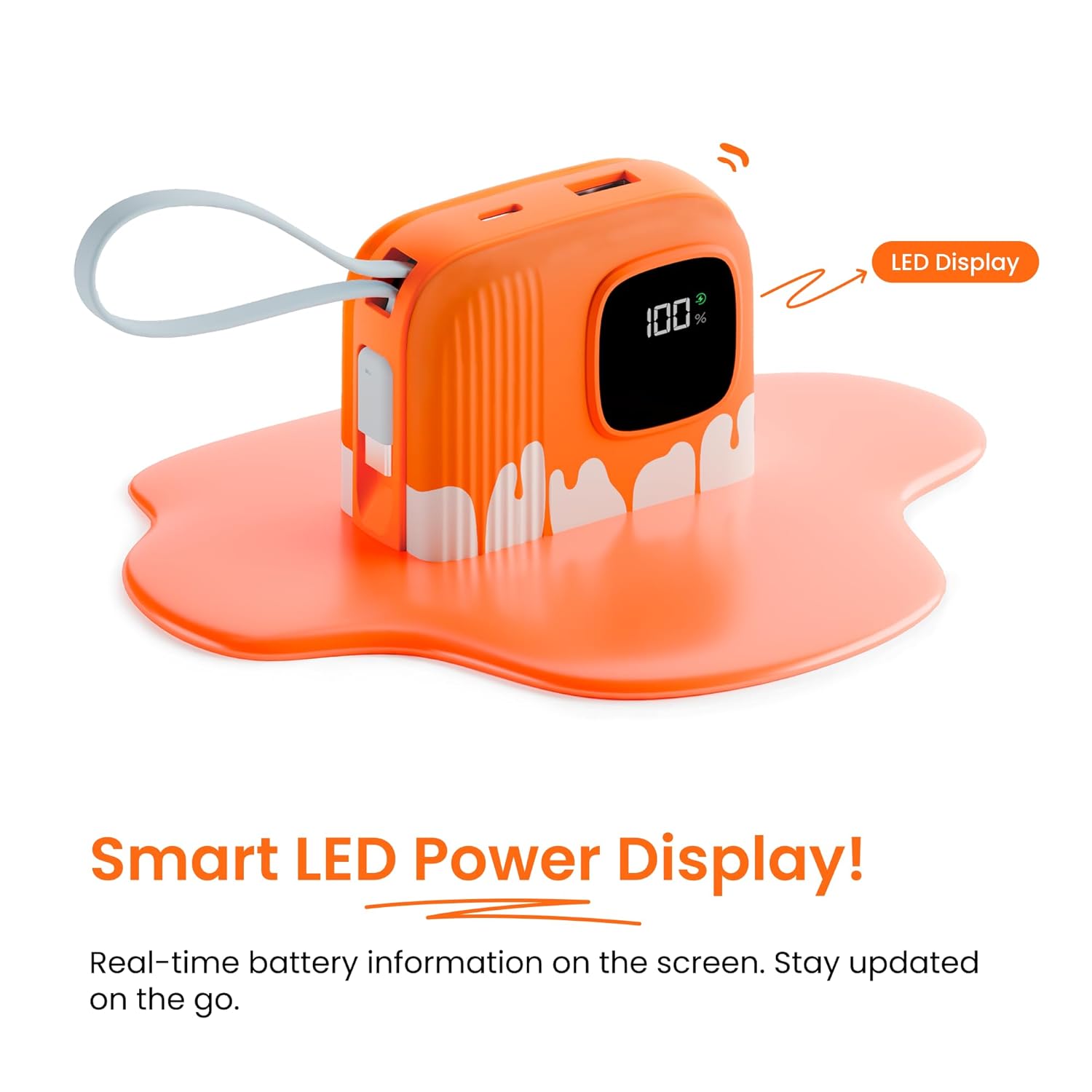 Armor Scoop Power Bank 20000mAh Fast Charging 22.5W | 2 Built-in Cables | 2 Output Ports | Type C Input & Output | Supports Android, Apple, Tablets, Earbuds, Watch | 5 Layer Protection (Orange Burst) - Image 3