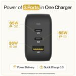 Ambrane 65W Charger Adapter, 3 Ports - 2 Type C & 1 USB for Samsung, Type C Laptops: MacBook, Dell, HP, ASUS, Fast Charger with PD Technology & GaN Technology for All Devices (RAAP G65, Black) - Image 3