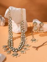 ZAVERI PEARLS Green Meenakari Kundan Bridal Long Dazzling Necklace Earring Maangtikka Set For Women-ZPFK17761 - Image 4