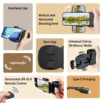 pTron MHR1 Phone Clip Camera Grip Handle w/Detachable BTv5.4 Remote Shutter, 55-90mm Clamping Range, Shoot Videos, Take Snaps, Stable & Firm Grip, Compatible with iOS & Android Devices (Black) - Image 3