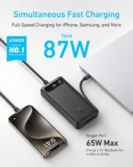 Anker Power Bank, 20,000mAh Travel Essential Portable Charger with Built-in USB-C Cable, 3-Port 87W Max Fast Charging Battery Pack, for MacBook, iPhone 16/15 Series, Samsung, Switch, and More - Image 3
