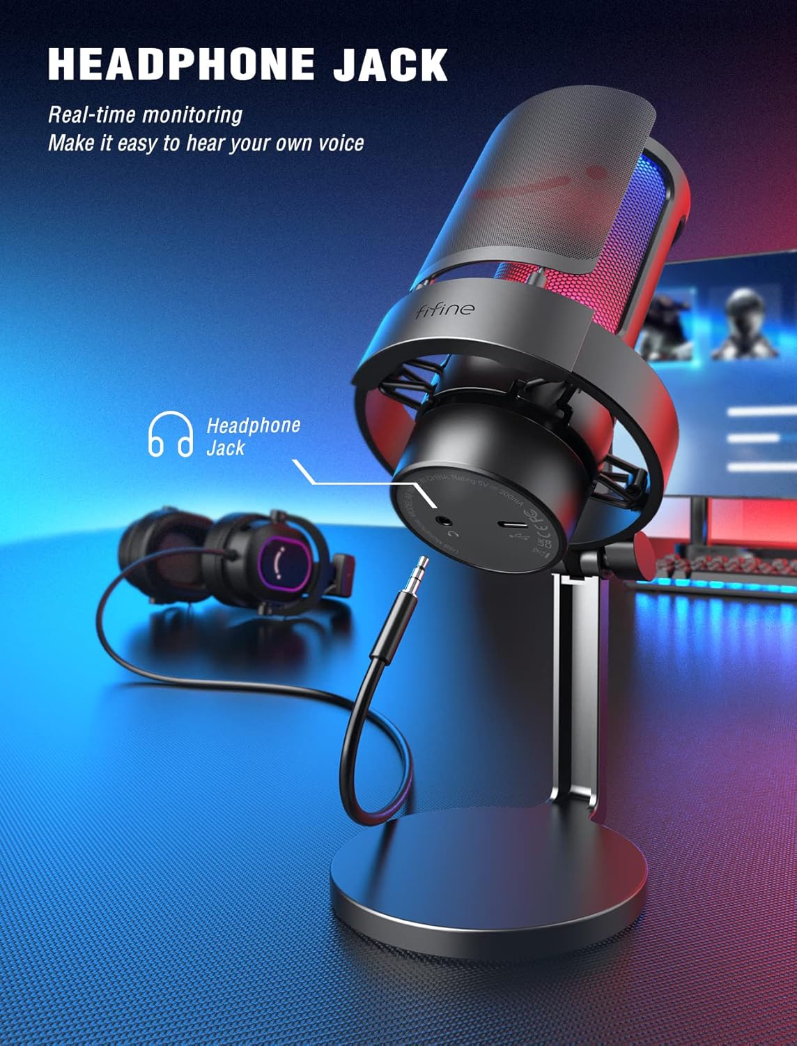 FIFINE AmpliGame Gaming Microphone, USB PC Mic for Streaming, Podcasts, Recording, Condenser Computer Desktop Mic on Mac/PS4/PS5, with RGB Control, Mute Touch, Headphone Jack, Pop Filter, Stand-A8 - Image 4