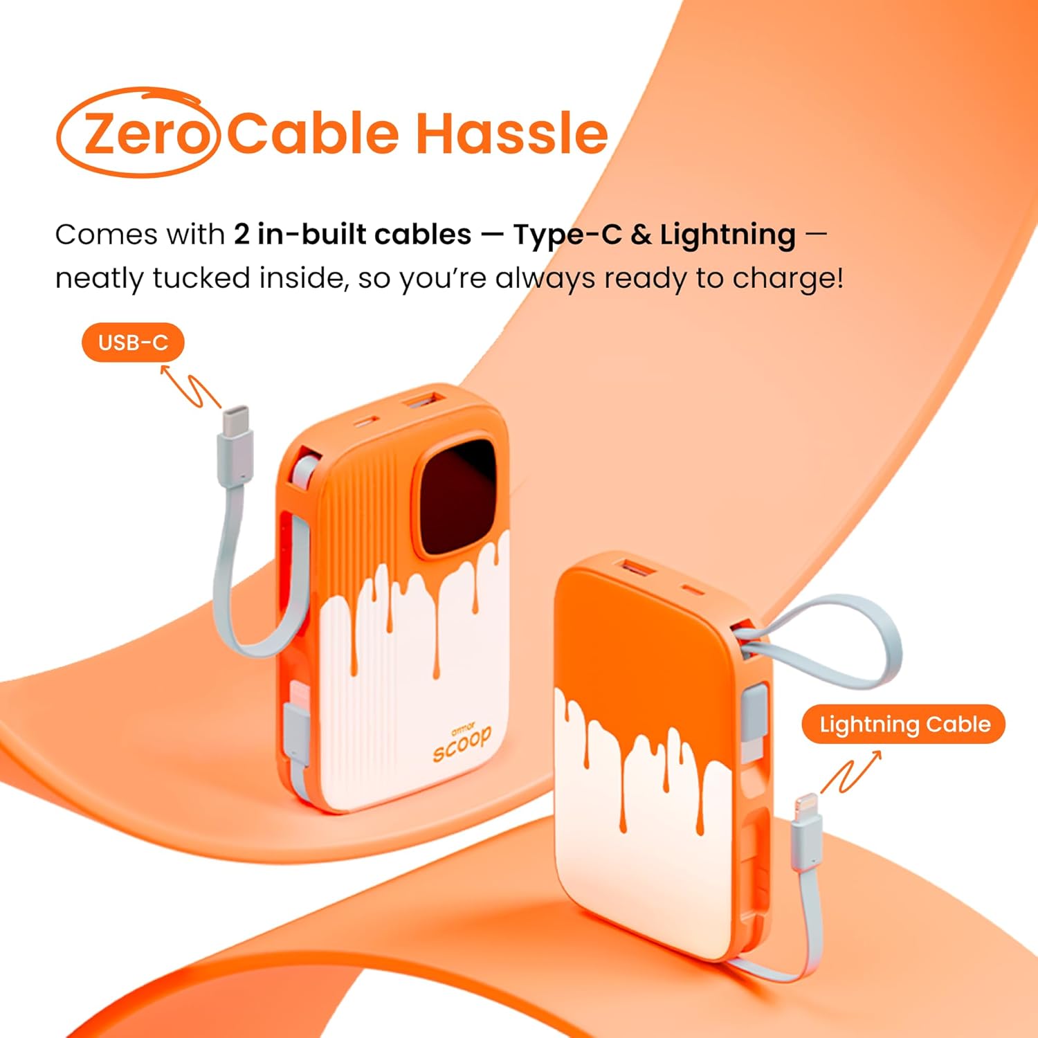 Armor Scoop Power Bank 10000mAh Fast Charging 22.5W | 2 Built-in Cables | 2 Output Ports | Type C Input & Output | Supports Android, Apple, Tablets, Earbuds, Watch | 5 Layer Protection (Orange Burst) - Image 3