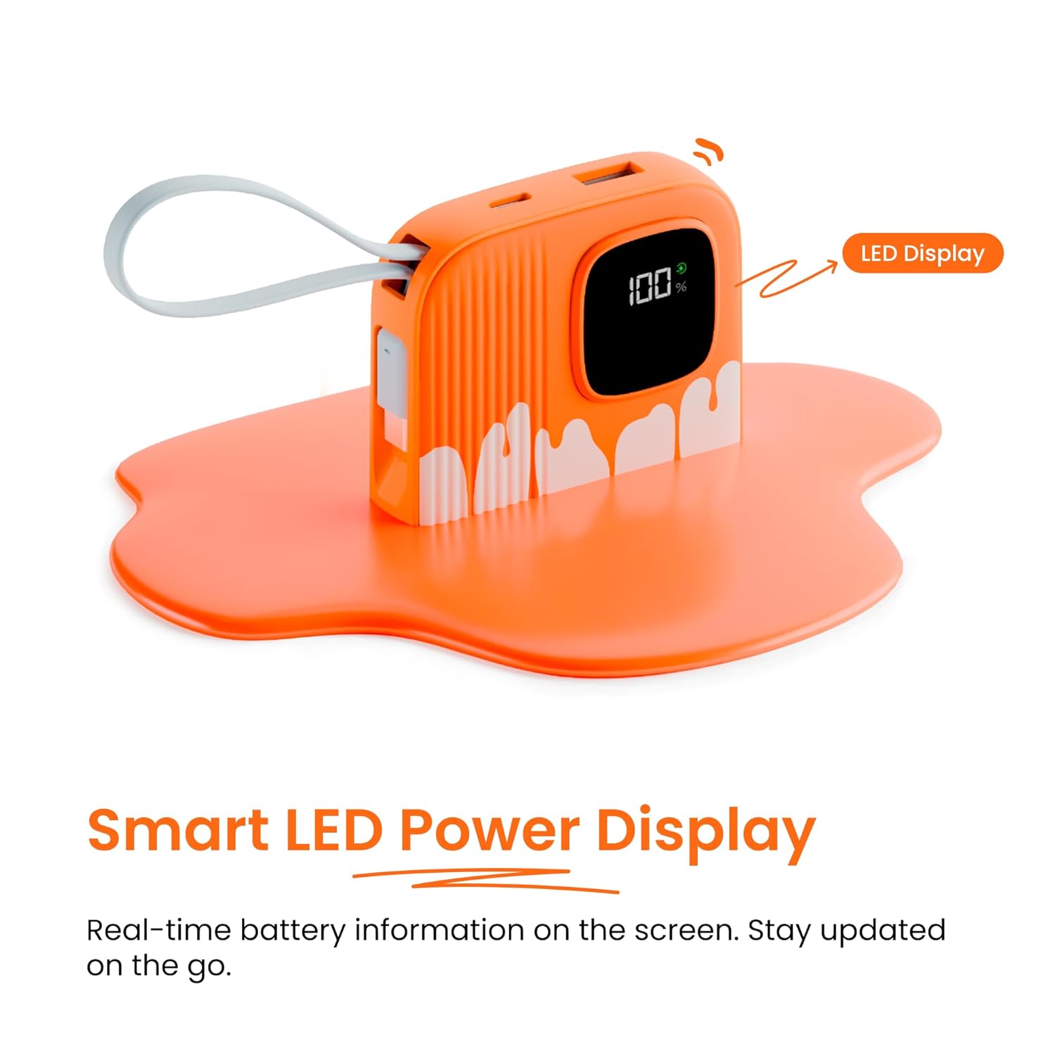 Armor Scoop Power Bank 10000mAh Fast Charging 22.5W | 2 Built-in Cables | 2 Output Ports | Type C Input & Output | Supports Android, Apple, Tablets, Earbuds, Watch | 5 Layer Protection (Orange Burst) - Image 4