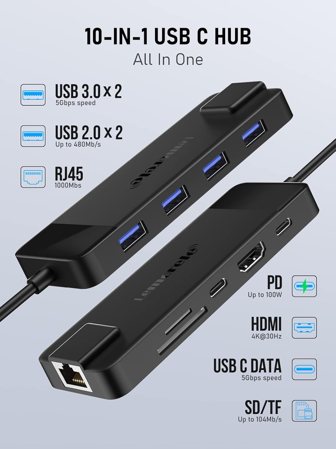 Lemorele USB C Hub 10-in-1, USB C Hub Multiport Adapter for MacBook Pro, Gigabit Ethernet with 4K HDMI, 100W PD, 4 USB 3.0/2.0, SD/TF, USB-C Data 3.0, Compatible for Windows/Mac/iPad - Image 3