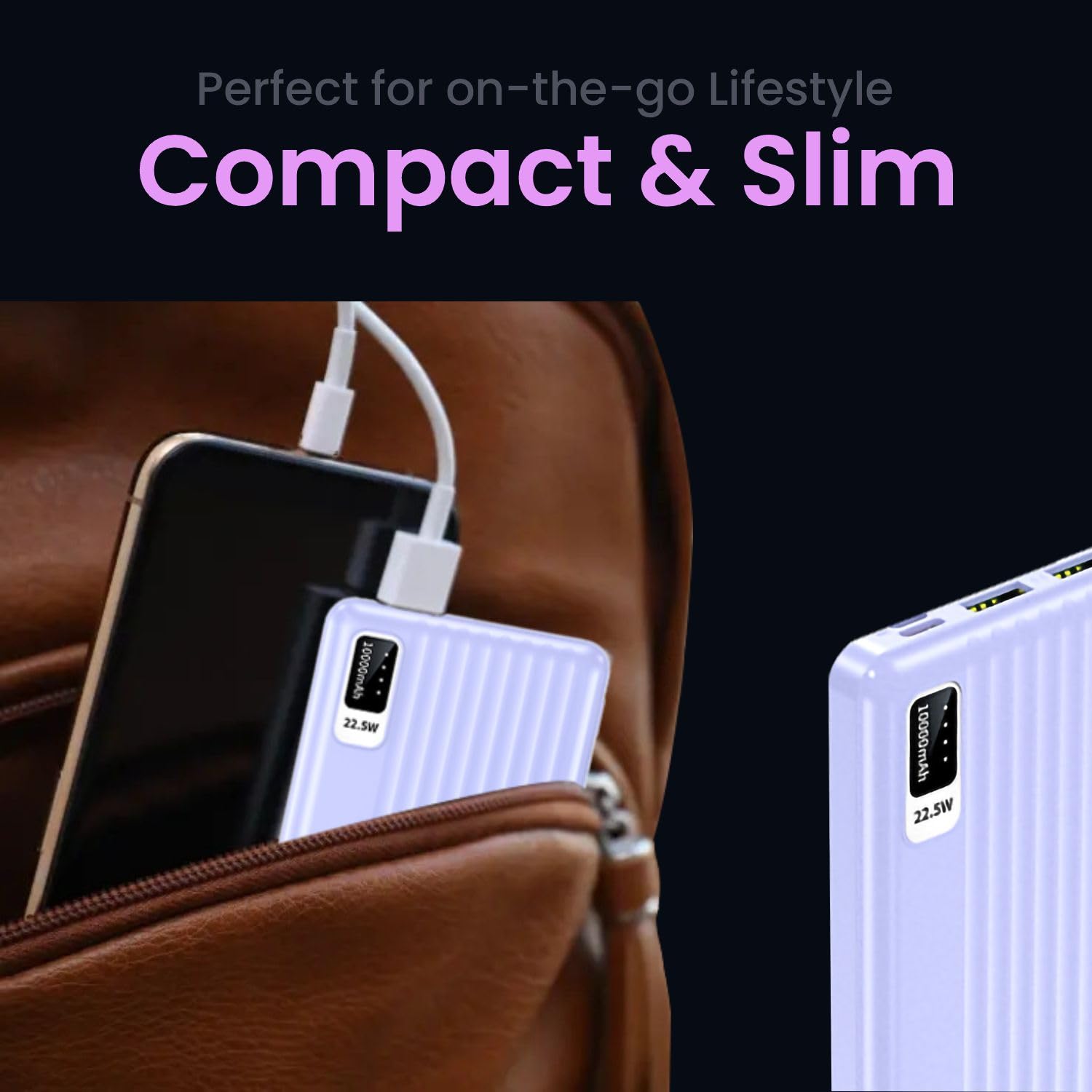 E GATE 102B Powerbank | 10000mAh | 22.5W Fast Charging | QC + PD | Dual Input Port : Type C & Micro USB | Triple Output Port : 2X USB & Type C | LED Indicator| for All iPhone & Android (Lavender) - Image 8