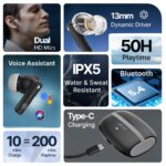 pTron Bassbuds Blaze in-Ear TWS Earbuds w/ 13mm Drivers, 50Hrs Playtime, AI-ENC Clear Calls, Bluetooth V5.4 Wireless Headphones, Touch Control, Voice Assistant, Type C Charging & IPX5 (Black & Grey) - Image 3