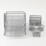 The Better Home Set of 5 Desk Organisers | Metal Mesh Design | Multipurpose Stationery Holders for Office & Home | Rust-Free Powder Coating | 2-Layer File Rack | Silver - Image 3