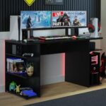 Gaming Computer Desk with 5 Shelves, Cable Management and Large Monitor Stand, Modern Wooden Desk, 136 x 60 x 75 cm - Black - Image 3