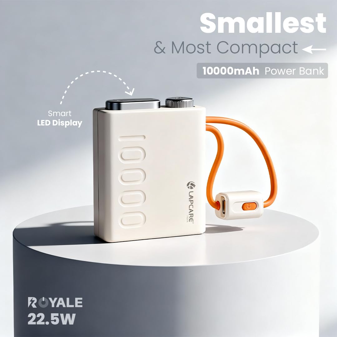 Lapcare Royale 10000mAh Pocket Power Bank | Dual in-Built Cables (Type-C & Lightning) | Dual Type-C Port & 22.5W Fast Charging | Smart LED Display | Compact Size | Made in India - Image 3