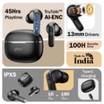 pTron Bassbuds Eon in-Ear TWS Earbuds w/ 13mm Drivers, 45Hrs Playtime, Dual HD Mic & TruTalk AI-ENC Calls, Custom EQ,Mobile App, Bluetooth v6.0 Headphones,Voice Assist., Type C Charging & IPX5 (Black) - Image 3