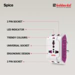 Goldmedal Spice 3 Pin 240V Multi Plug Socket | Universal Travel Adaptor with LED Indicator | Supports 2-Pin&3-Pin Plugs | Multiplug for Home&Office Appliances | Compact & Reliable - Image 3