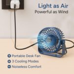 Ambrane USB Desk Fan, 360° Rotatable Portable Mini Fan | 3 Cooling Modes, Noiseless comfort | Strong Airflow Table Fan for Home, Office, Car, Travel | USB Powered via Laptop/Charger/Power Bank – Blue - Image 3