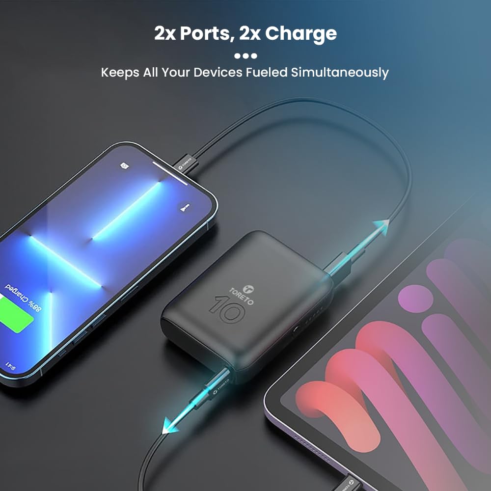 Toreto 10000mAh Powerbank, Pocket Size, Dual Output (USB -A +Type-C), 22.5W Type-C Ultra Fast Charging, Power Delivery, Quick Charge for iPhone, Android & Other Devices (Eon Nano, Black) - Image 3