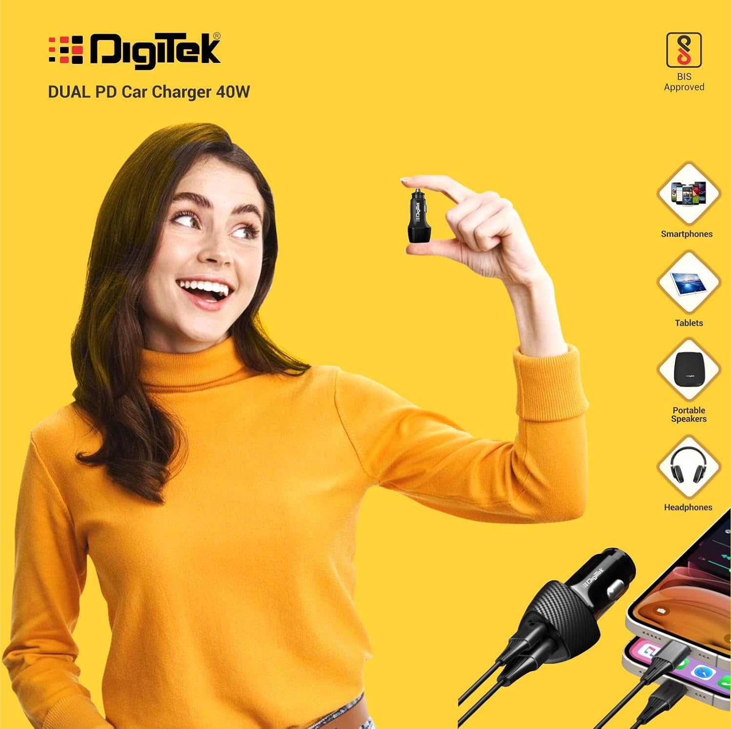 Digitek (DMC 2PD 40W) Dual Port Fast Car Charger with Dual Type-C PD Ports, Fast Charging Adapter for Android & iOS Smartphones, Tablets, iPads, Earbuds, Powerbank & Laptops (Black) - Image 3