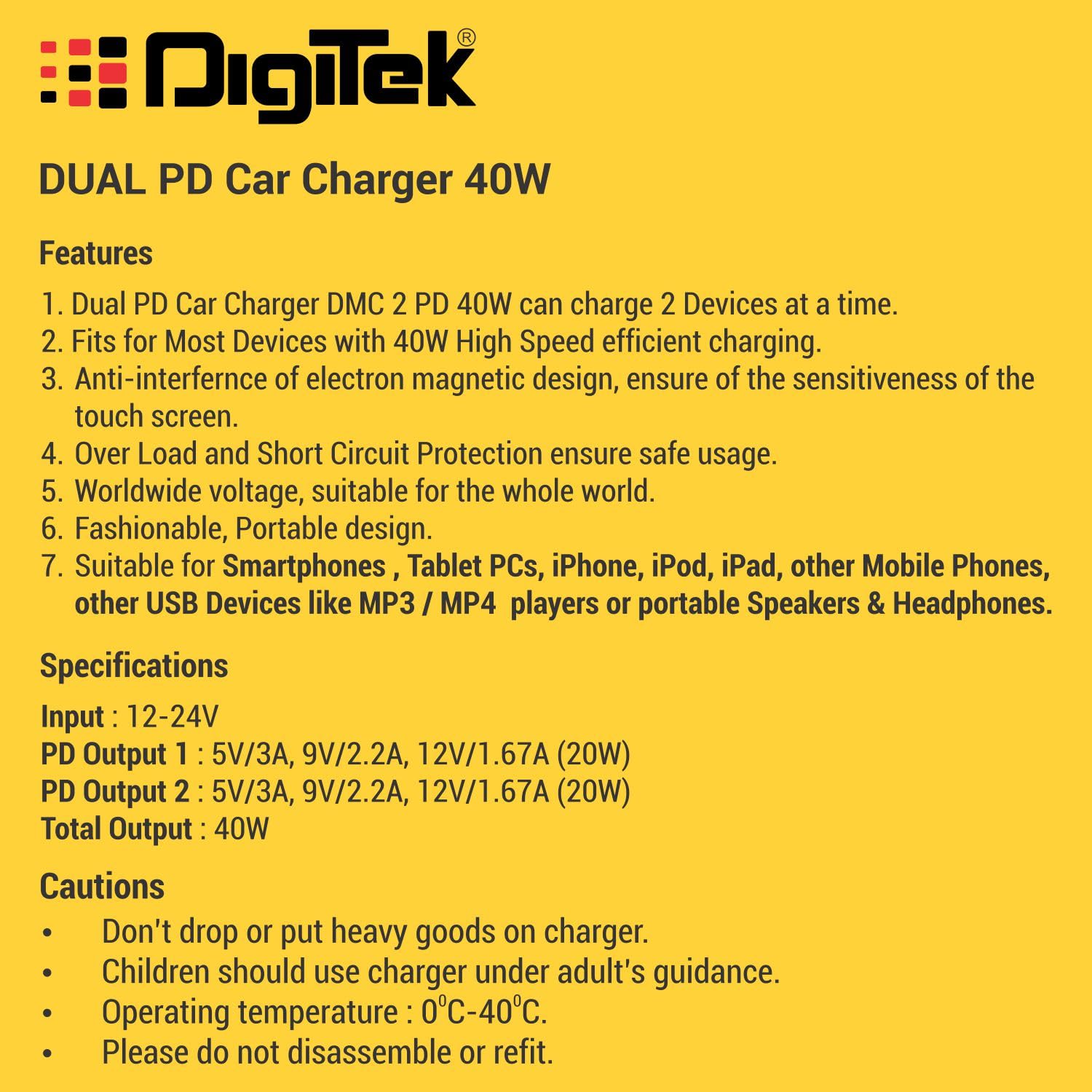 Digitek (DMC 2PD 40W) Dual Port Fast Car Charger with Dual Type-C PD Ports, Fast Charging Adapter for Android & iOS Smartphones, Tablets, iPads, Earbuds, Powerbank & Laptops (Black) - Image 4