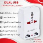 HI PLASST 3-Pin Multi Plug Socket with Dual USB Charger with LED Indicator| 10A Power Converter | Universal Travel Adapter for 2-Pin & 3-Pin Devices | USA to India Converter Plug | Pack of 1 - Image 3
