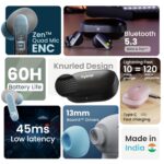 GOBOULT Z20 Pro Made in India Ear Buds Wireless with 60H Playtime, 4 Mics Calling, 45ms Latency Gaming, 13mm Bass Driver Earbuds Buds TWS Bluetooth Wireless Earphones (Candy Cane) - Image 3