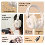 pTron Studio Xtreme, 70hrs Playtime, 40ms Low-Latency, Wireless Over Ear Headphones w/Detachable Mic & TruTalk ENC Calls, 40mm Drivers, RGB Lights, BT5.4, Dual Device Pairing & Type-C Charging (Beige) - Image 3