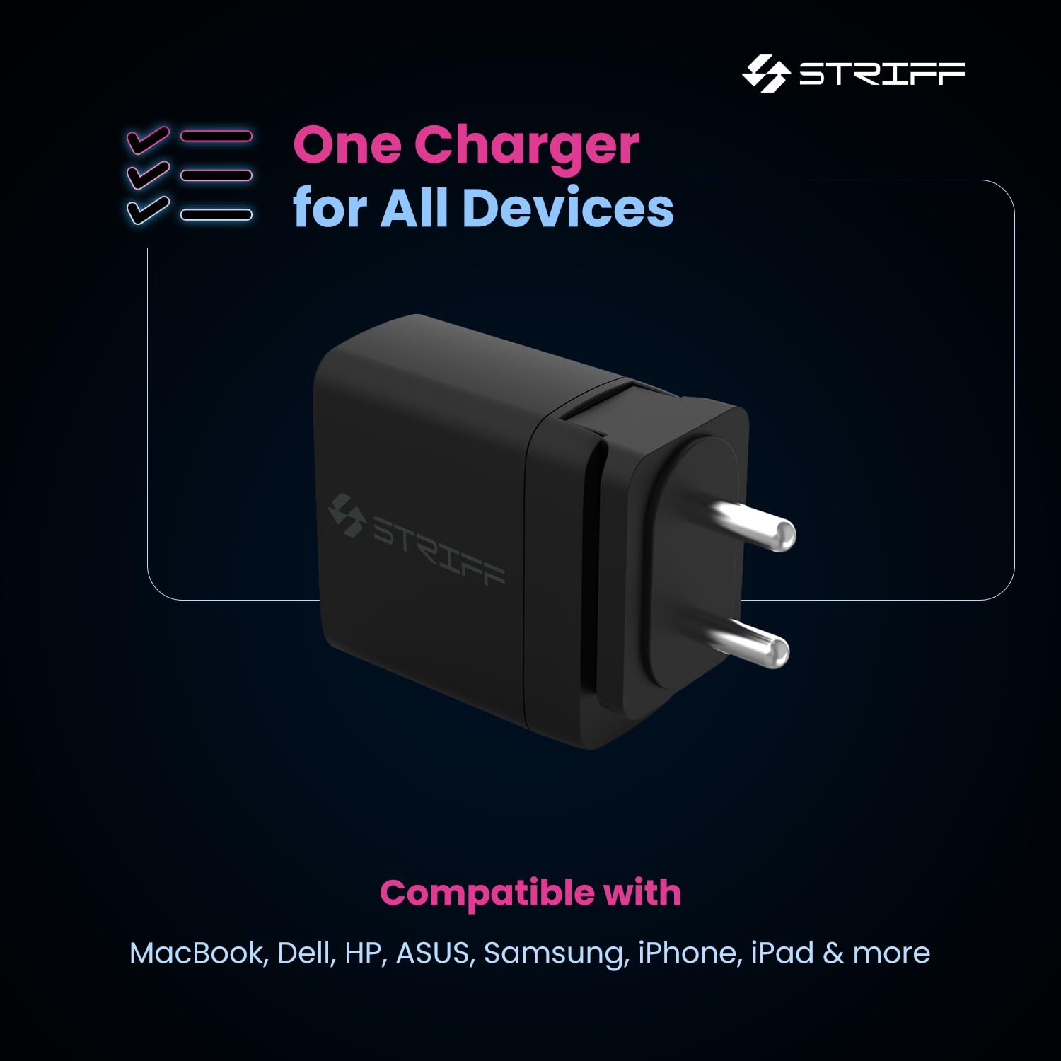 STRIFF 65W Charger Adapter, 3 Ports - 2 Type C & 1 USB for Samsung, Type C Laptops: MacBook, Dell, HP, ASUS, Fast Charger with PD Technology & GaN Technology for All Devices (Black) - Image 6