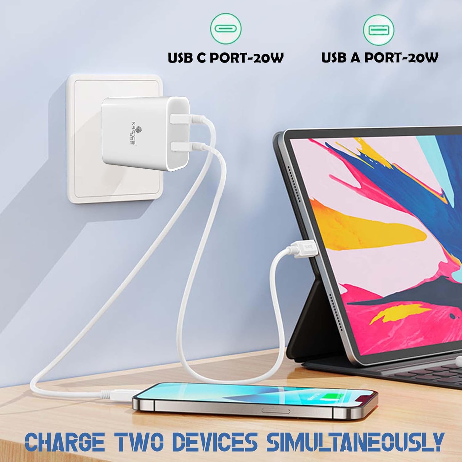 Kratos Power PQ1 45 W Charger Adapter, Dual Port (USB + Type C), Supports PD Charging via Type C Port, Compatible with Smartphones, Tablets & Smartwatch, Fast Charger Type c,White - Image 3